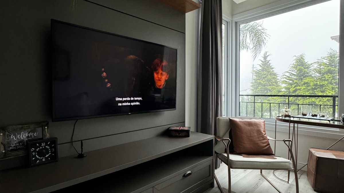 Modern living room with a large television